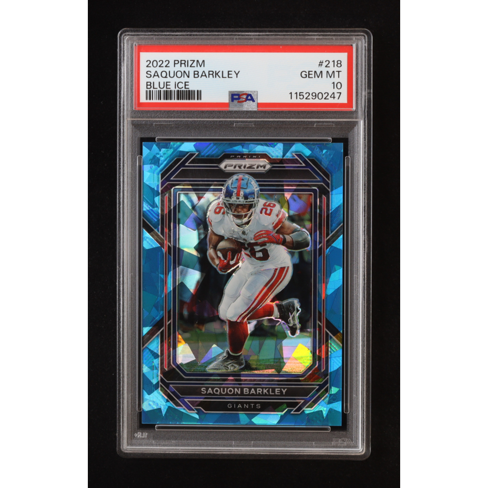 Saquon Barkley 2022 Panini Prizm Blue Ice #218 #32/99 (PSA 10) at PristineAuction.com