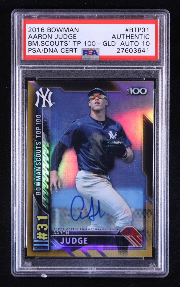 Aaron Judge 2016 Bowman Chrome Bowman Scouts Top 100 Autographs Gold #BTP31 RC #31/50 (PSA | Autograph Grade 10) at PristineAuction.com Aaron Judge 2016 Bowman Chrome Bowman Scouts Top 100 Autographs Gold #BTP31 RC #31/50 (PSA | Autograph Grade 10) at PristineAuction.com