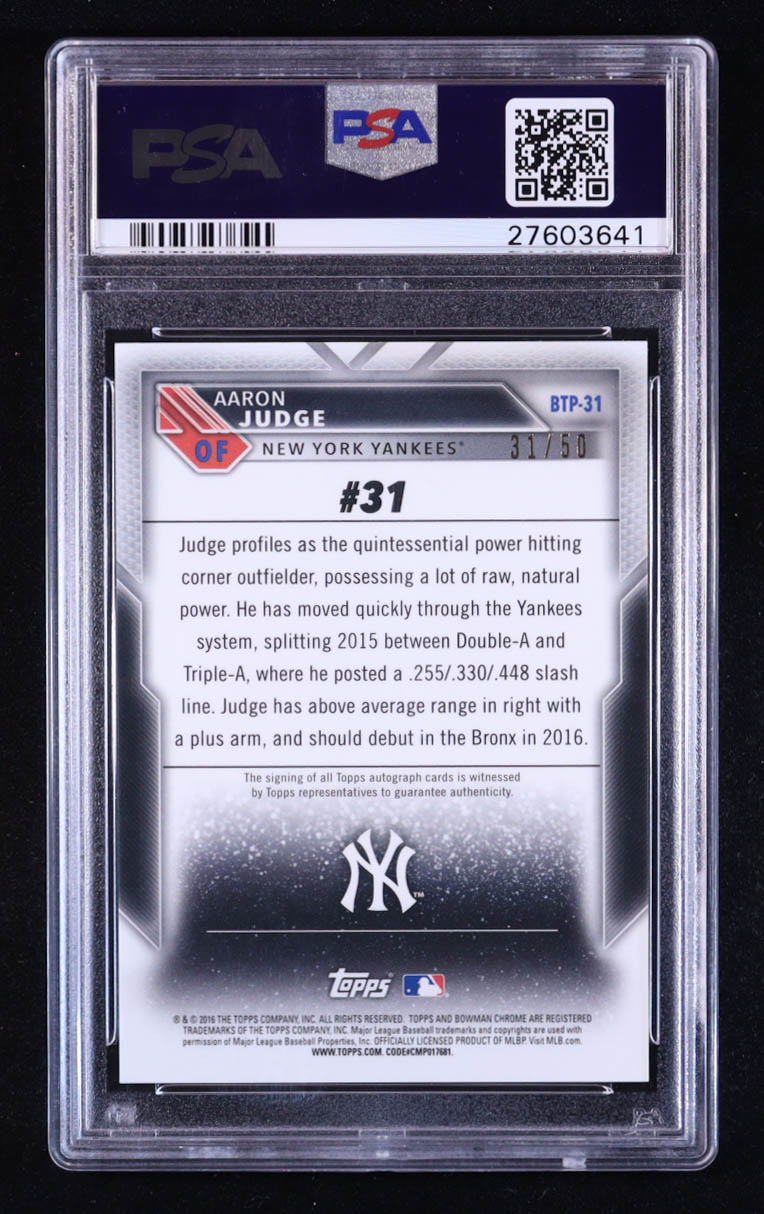 Aaron Judge 2016 Bowman Chrome Bowman Scouts Top 100 Autographs Gold #BTP31 RC #31/50 (PSA | Autograph Grade 10) at PristineAuction.com Aaron Judge 2016 Bowman Chrome Bowman Scouts Top 100 Autographs Gold #BTP31 RC #31/50 (PSA | Autograph Grade 10) at PristineAuction.com