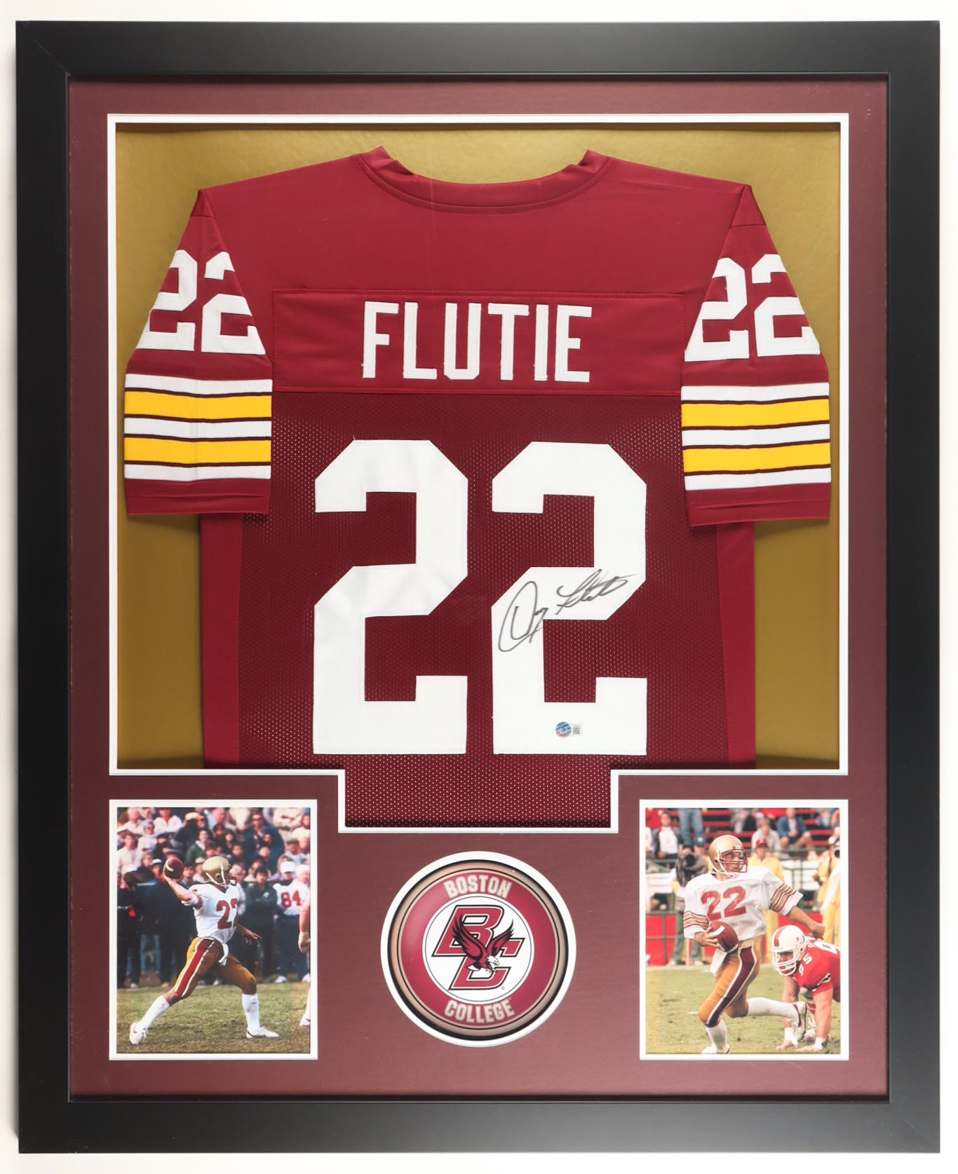 Doug Flutie Signed Custom Framed Jersey Display with (2) Photos (Beckett) at PristineAuction.com Doug Flutie Signed Custom Framed Jersey Display with (2) Photos (Beckett) at PristineAuction.com