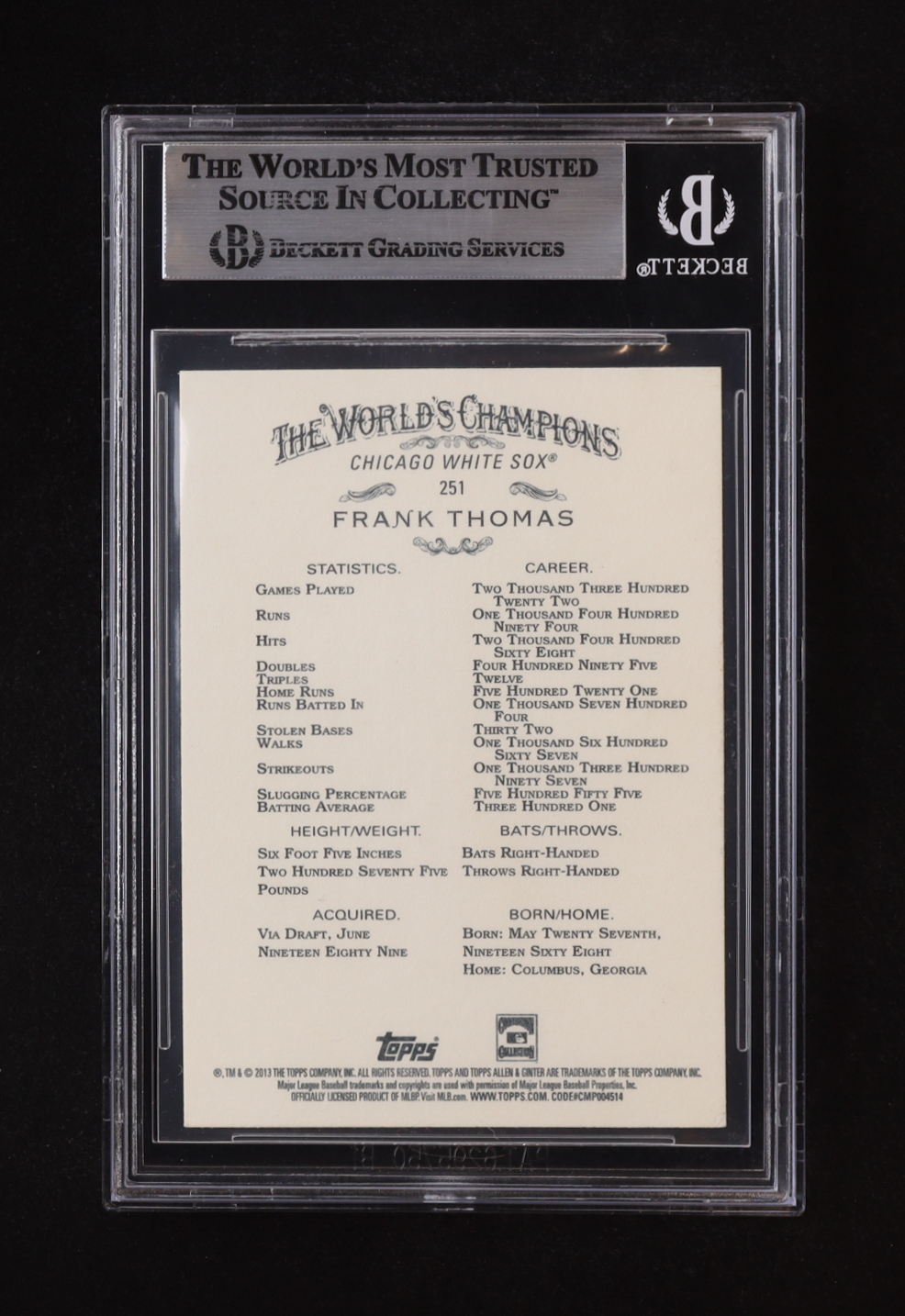 Frank Thomas Signed 2013 Topps Allen and Ginter #251 (BGS) at PristineAuction.com Frank Thomas Signed 2013 Topps Allen and Ginter #251 (BGS) at PristineAuction.com