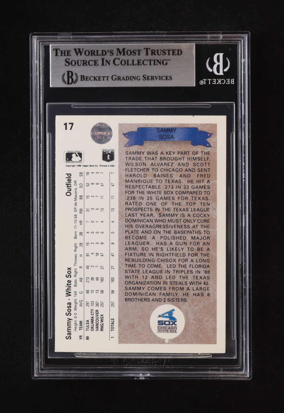 Sammy Sosa Signed 1990 Upper Deck #17 RC (BGS) at PristineAuction.com Sammy Sosa Signed 1990 Upper Deck #17 RC (BGS) at PristineAuction.com