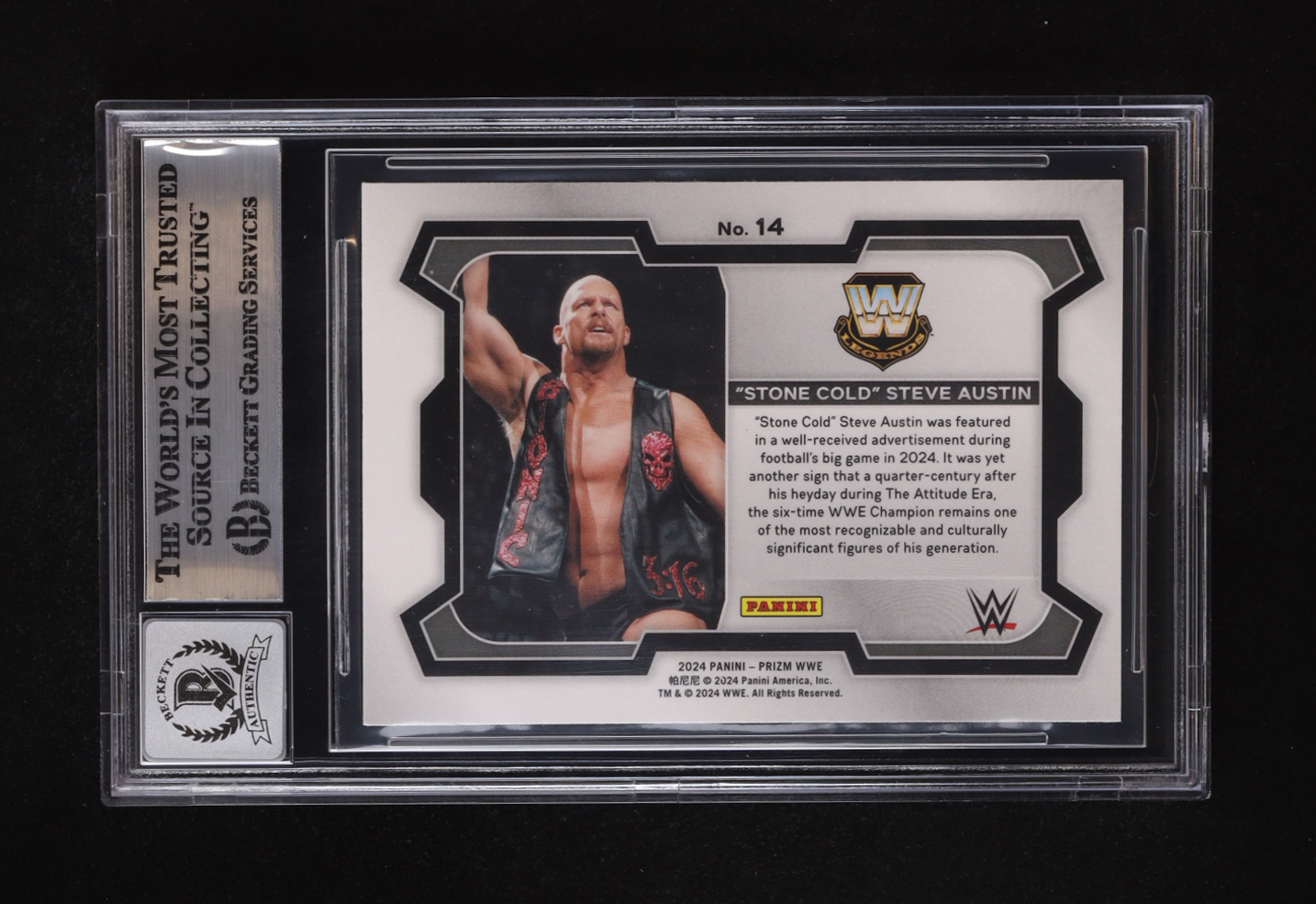 "Stone Cold" Steve Austin Signed 2024 Panini Prizm WWE #14 (BGS | Auto 10) at PristineAuction.com "Stone Cold" Steve Austin Signed 2024 Panini Prizm WWE #14 (BGS | Auto 10) at PristineAuction.com