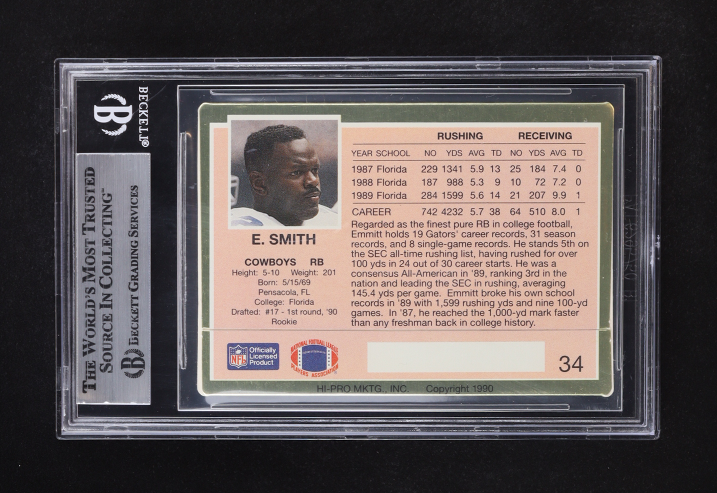 Emmitt Smith Signed 1990 Action Packed Rookie Update #34 RC (BGS) at PristineAuction.com Emmitt Smith Signed 1990 Action Packed Rookie Update #34 RC (BGS) at PristineAuction.com