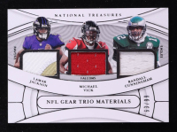 Lamar Jackson / Michael Vick / Randall Cunningham 2021 Panini National Treasures NFL Gear Trio Materials #20 #63/99 at PristineAuction.com