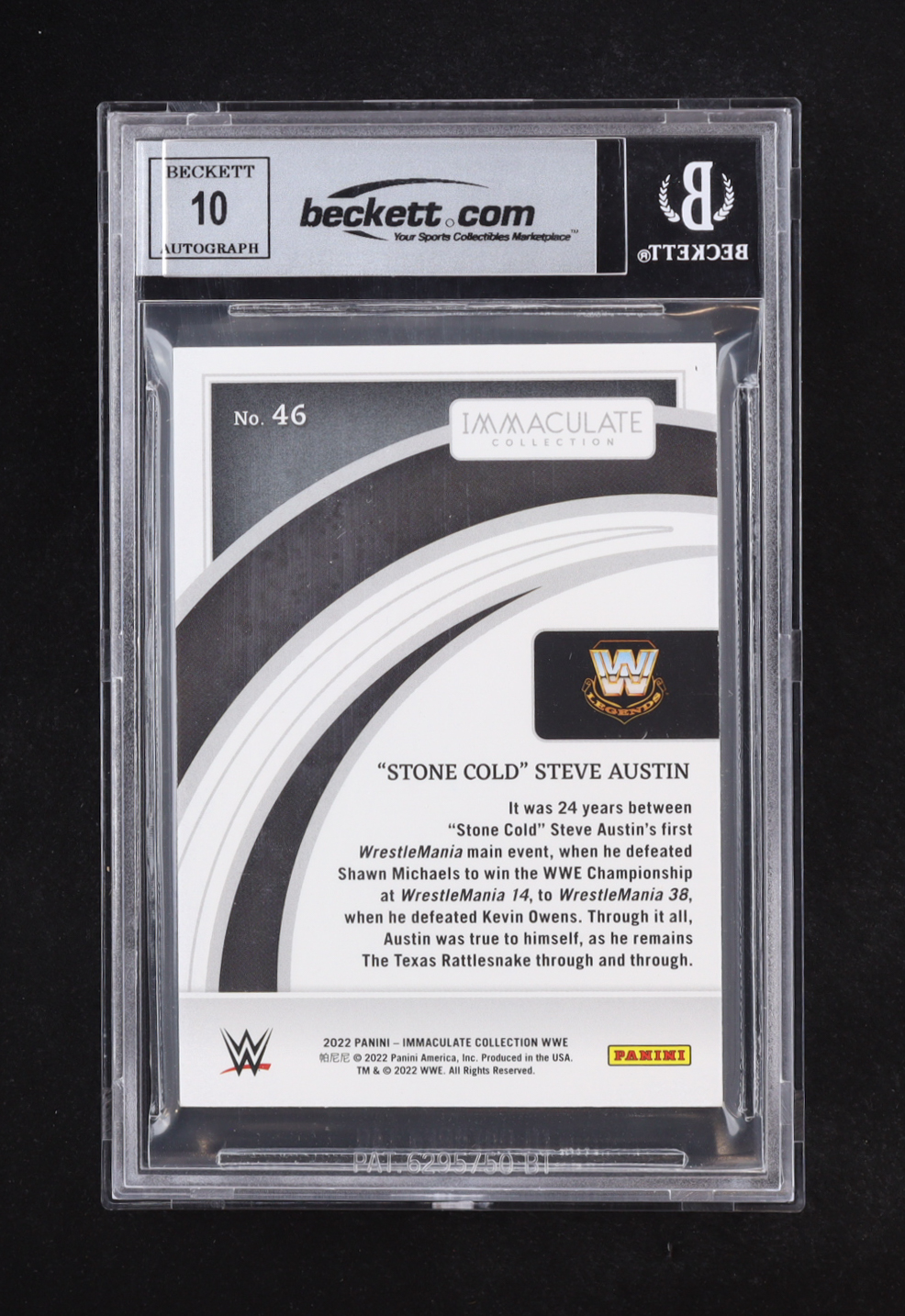 "Stone Cold" Steve Austin Signed 2022 Immaculate Collection WWE #46 #25/65 (BGS | Auto 10) at PristineAuction.com "Stone Cold" Steve Austin Signed 2022 Immaculate Collection WWE #46 #25/65 (BGS | Auto 10) at PristineAuction.com