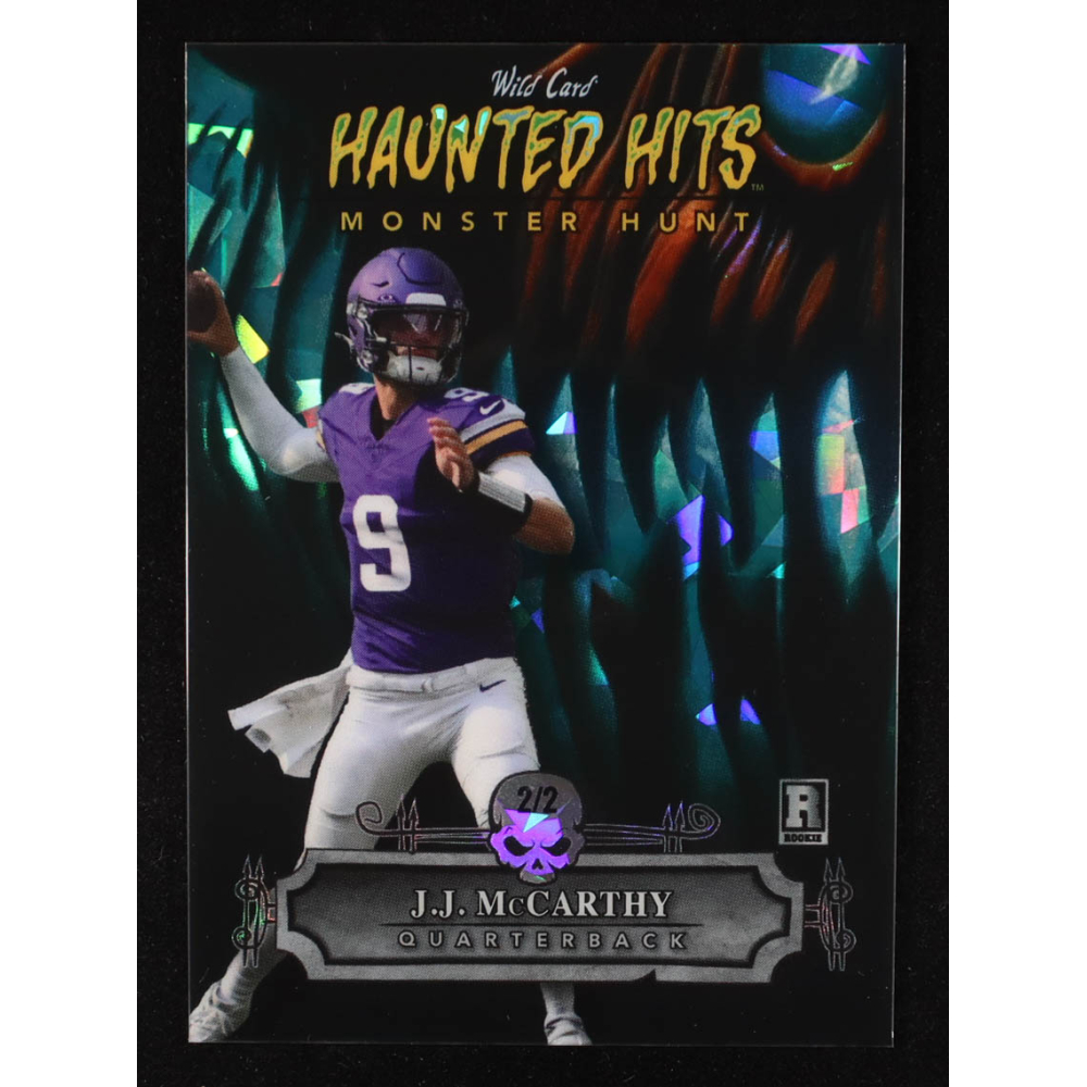 J.J. McCarthy 2024 Wild Card Haunted Hits Monster Hunt Pumpkin Blue Ice #HHPJM #2/2 RC at PristineAuction.com