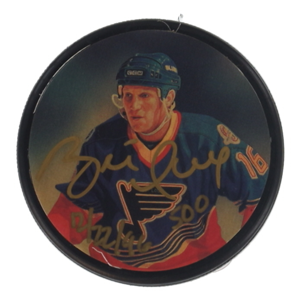 Brett Hull Signed Blues Commemorative Hockey Puck Inscribed "12/22/96" & "500" (PSA) at PristineAuction.com