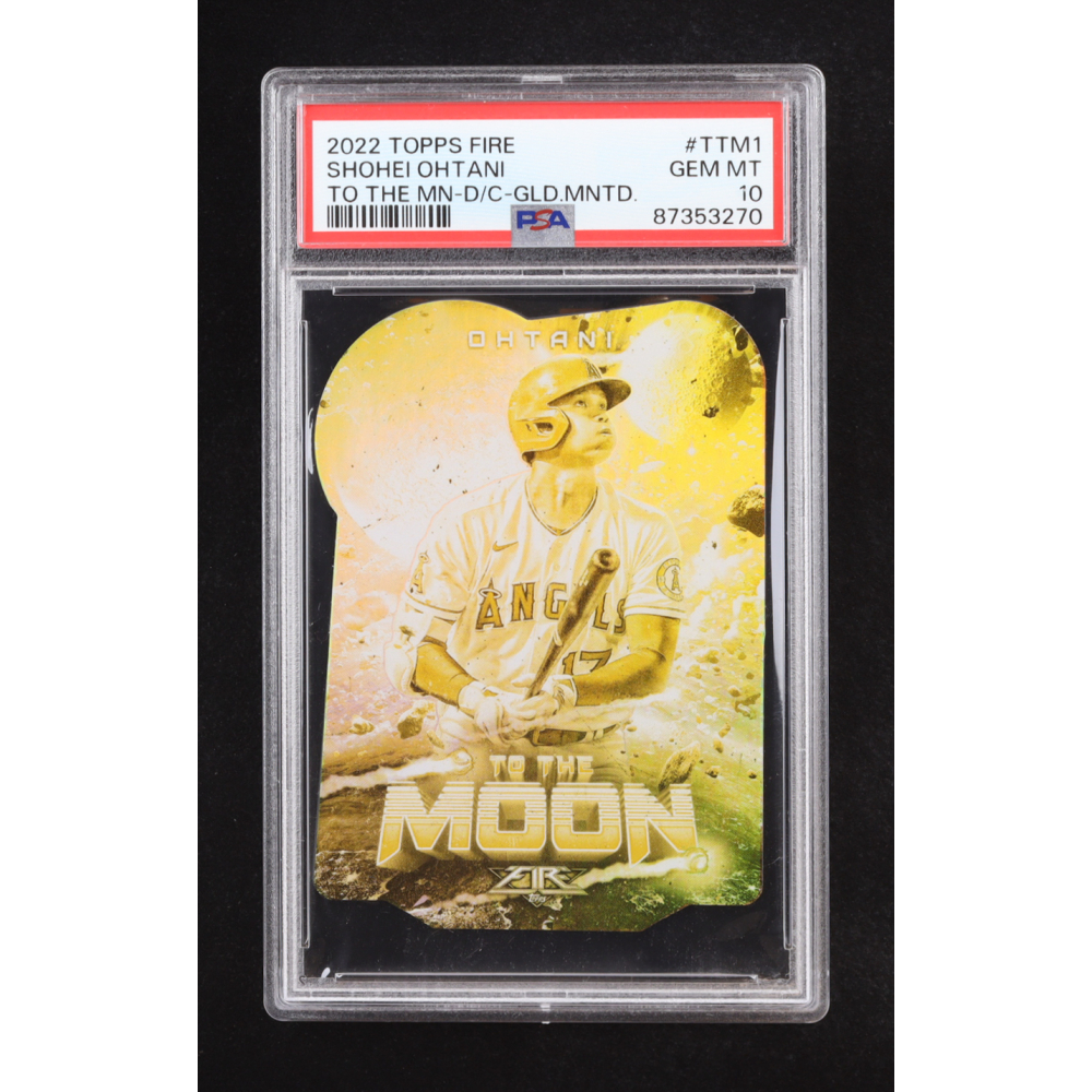 Shohei Ohtani 2022 Topps Fire To the Moon Gold Minted #TTM1 (PSA 10) at PristineAuction.com Shohei Ohtani 2022 Topps Fire To the Moon Gold Minted #TTM1 (PSA 10) at PristineAuction.com