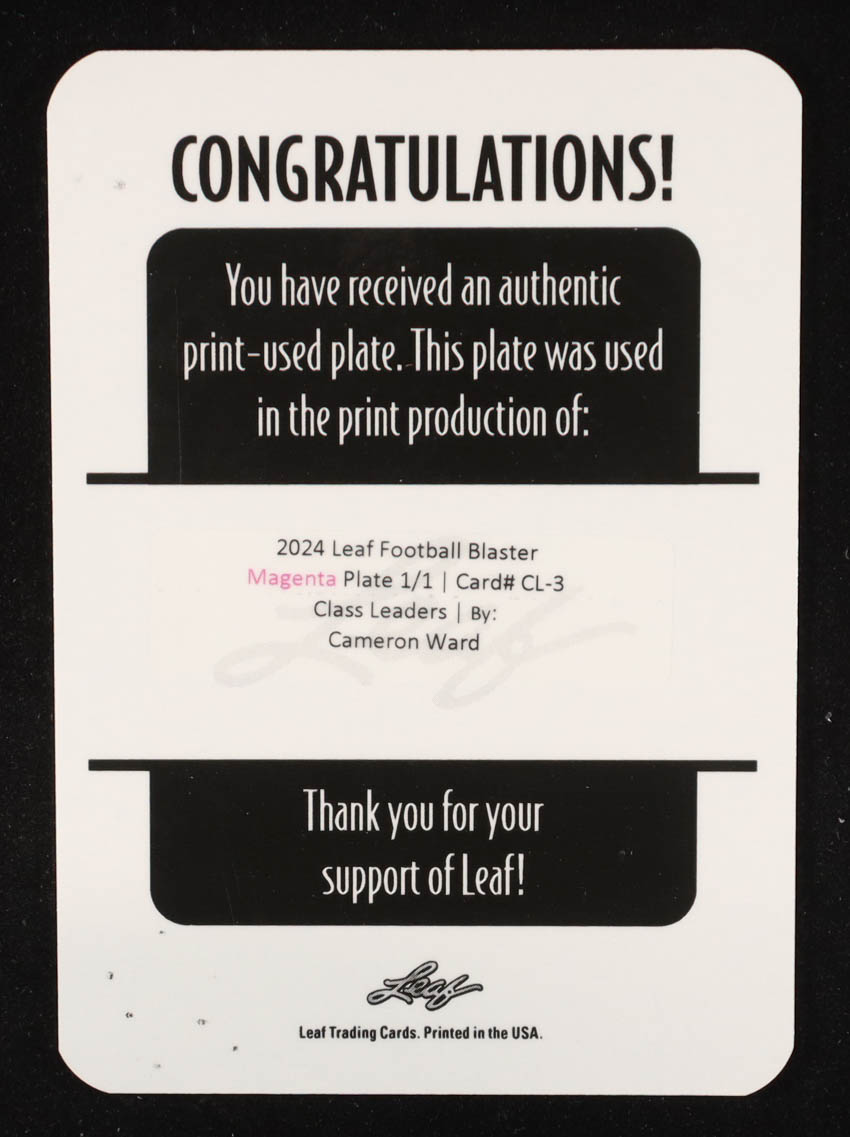 Cameron Ward 2024 Leaf Football Blaster Magenta Printing Plate #NNO RC #1/1 at PristineAuction.com Cameron Ward 2024 Leaf Football Blaster Magenta Printing Plate #NNO RC #1/1 at PristineAuction.com