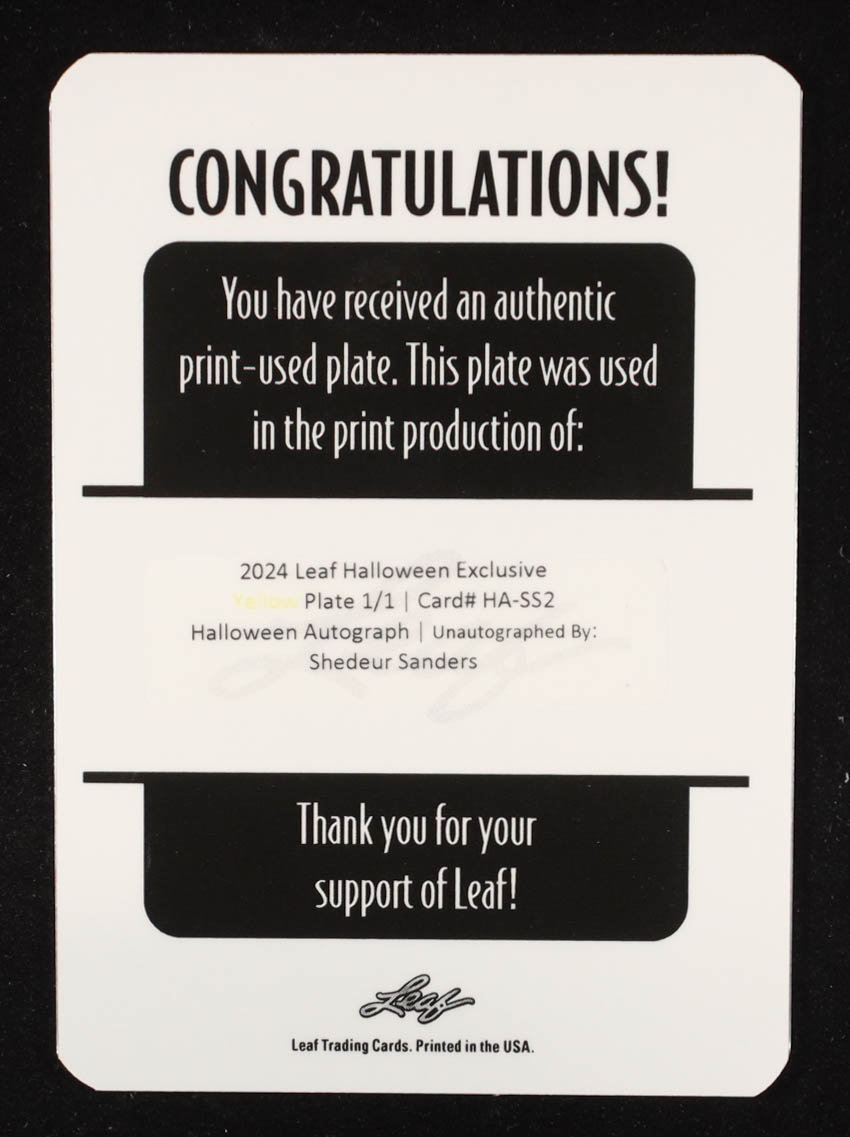 Shedeur Sanders 2024 Leaf Halloween Exclusive Yellow Printing Plate #NNO RC #1/1 at PristineAuction.com Shedeur Sanders 2024 Leaf Halloween Exclusive Yellow Printing Plate #NNO RC #1/1 at PristineAuction.com