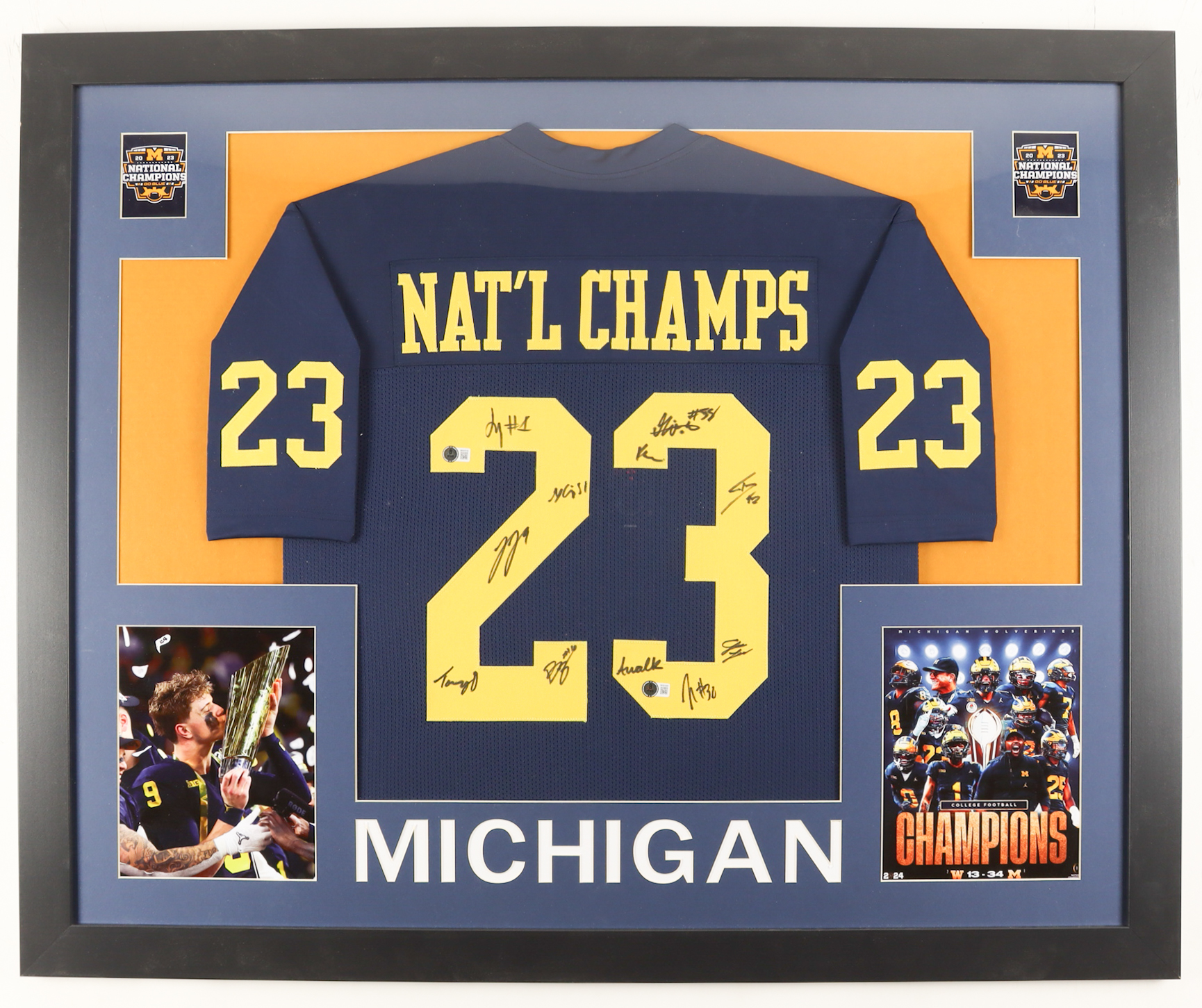 2023 National Champions Michigan Wolverines Custom Framed Jersey Display Signed by (18) with Blake Corum, Roman Wilson, J. J. McCarthy, Mike Barrett (Beckett) at PristineAuction.com 2023 National Champions Michigan Wolverines Custom Framed Jersey Display Signed by (18) with Blake Corum, Roman Wilson, J. J. McCarthy, Mike Barrett (Beckett) at PristineAuction.com