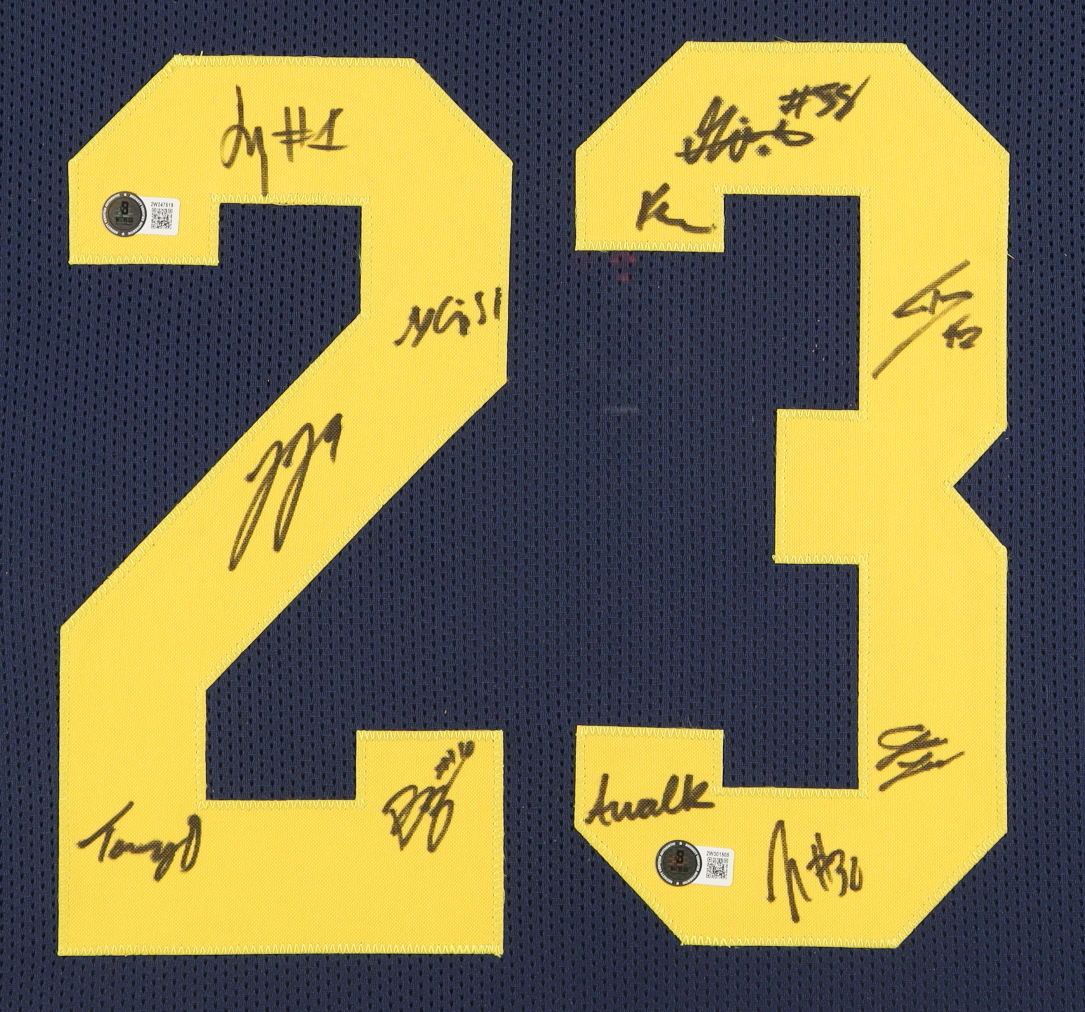 2023 National Champions Michigan Wolverines Custom Framed Jersey Display Signed by (18) with Blake Corum, Roman Wilson, J. J. McCarthy, Mike Barrett (Beckett) at PristineAuction.com 2023 National Champions Michigan Wolverines Custom Framed Jersey Display Signed by (18) with Blake Corum, Roman Wilson, J. J. McCarthy, Mike Barrett (Beckett) at PristineAuction.com