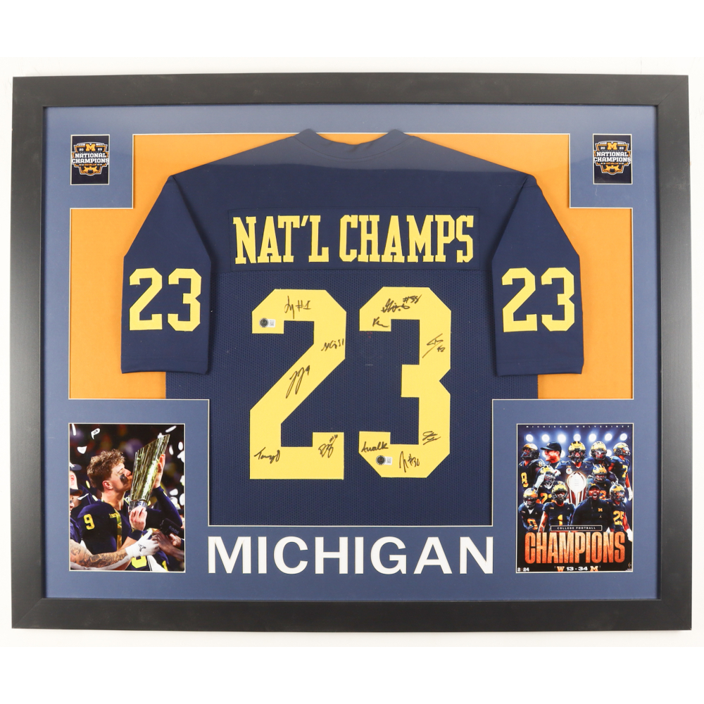 2023 National Champions Michigan Wolverines Custom Framed Jersey Display Signed by (11) with  J. J. McCarthy, Tommy Doman, Greg Crippen, Zeke Berry  (Beckett) at PristineAuction.com