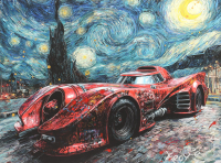 "Batmobile Under the Starry Night" 18x24 2025 Original Mixed Media by Tadas Zaicikas | TedyZet (Zaicikas) at PristineAuction.com