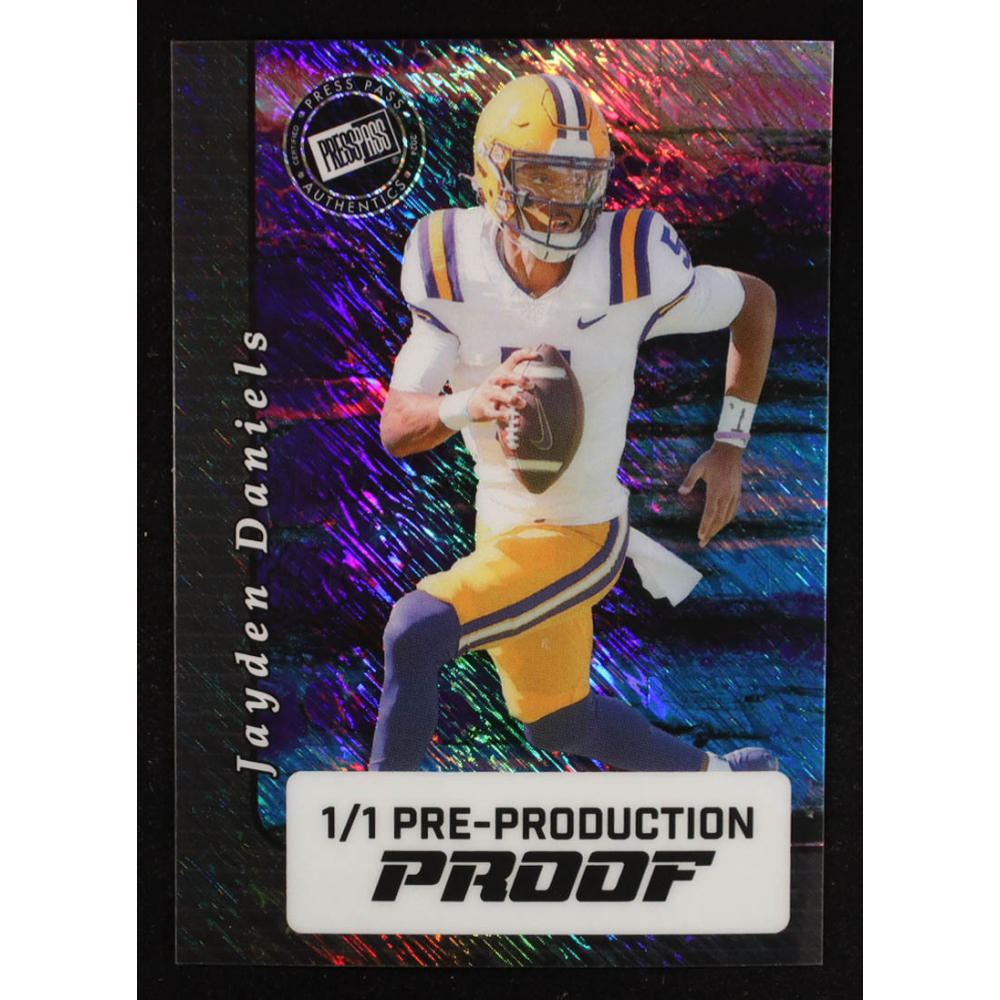 Jayden Daniels 2024 Press Pass Pre-Production Proof Diagonal Shimmer Purple RC #1/1 at PristineAuction.com