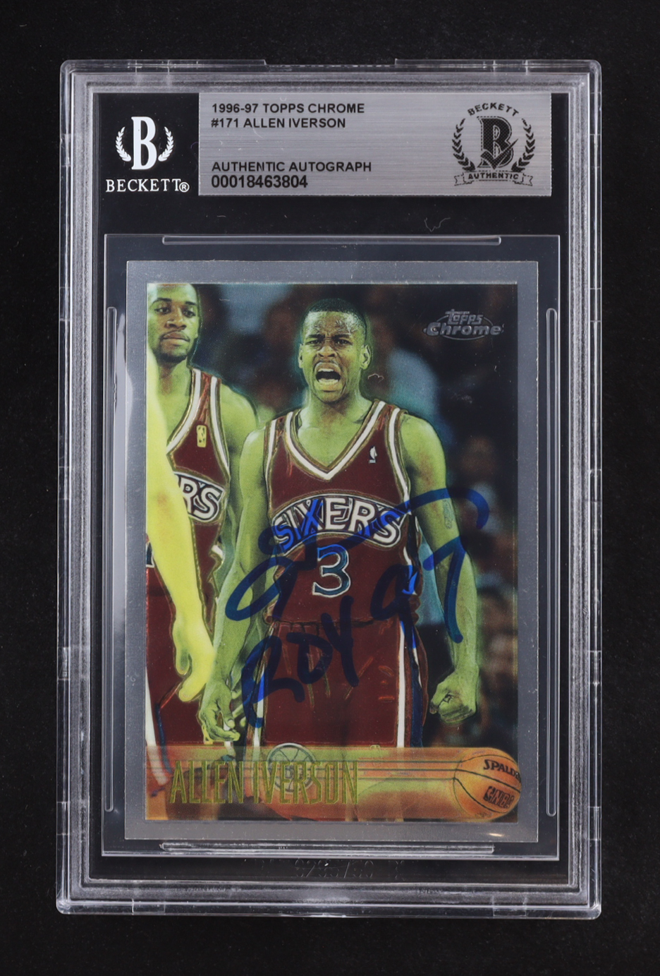 Allen Iverson Signed 1996-97 Topps Chrome #171 RC Inscribed "ROY 97" (Beckett | Auto Grade BGS Authentic) at PristineAuction.com Allen Iverson Signed 1996-97 Topps Chrome #171 RC Inscribed "ROY 97" (Beckett | Auto Grade BGS Authentic) at PristineAuction.com