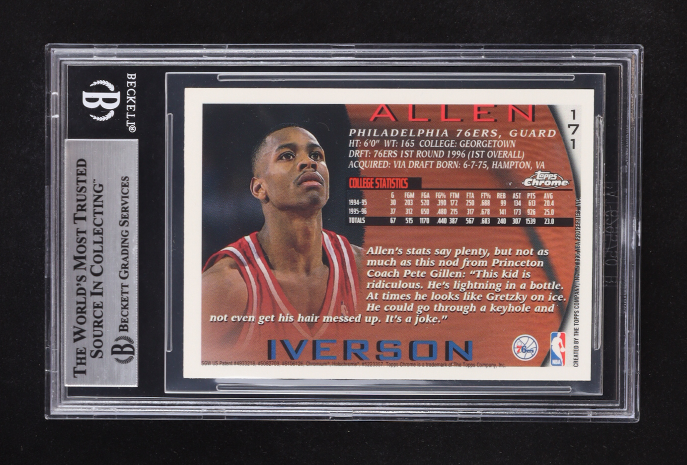 Allen Iverson Signed 1996-97 Topps Chrome #171 RC Inscribed "ROY 97" (Beckett | Auto Grade BGS Authentic) at PristineAuction.com Allen Iverson Signed 1996-97 Topps Chrome #171 RC Inscribed "ROY 97" (Beckett | Auto Grade BGS Authentic) at PristineAuction.com