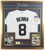 Yogi Berra Signed Custom Framed Cut Display with Jersey & (3) Yankees World Series Pins (PSA) at PristineAuction.com