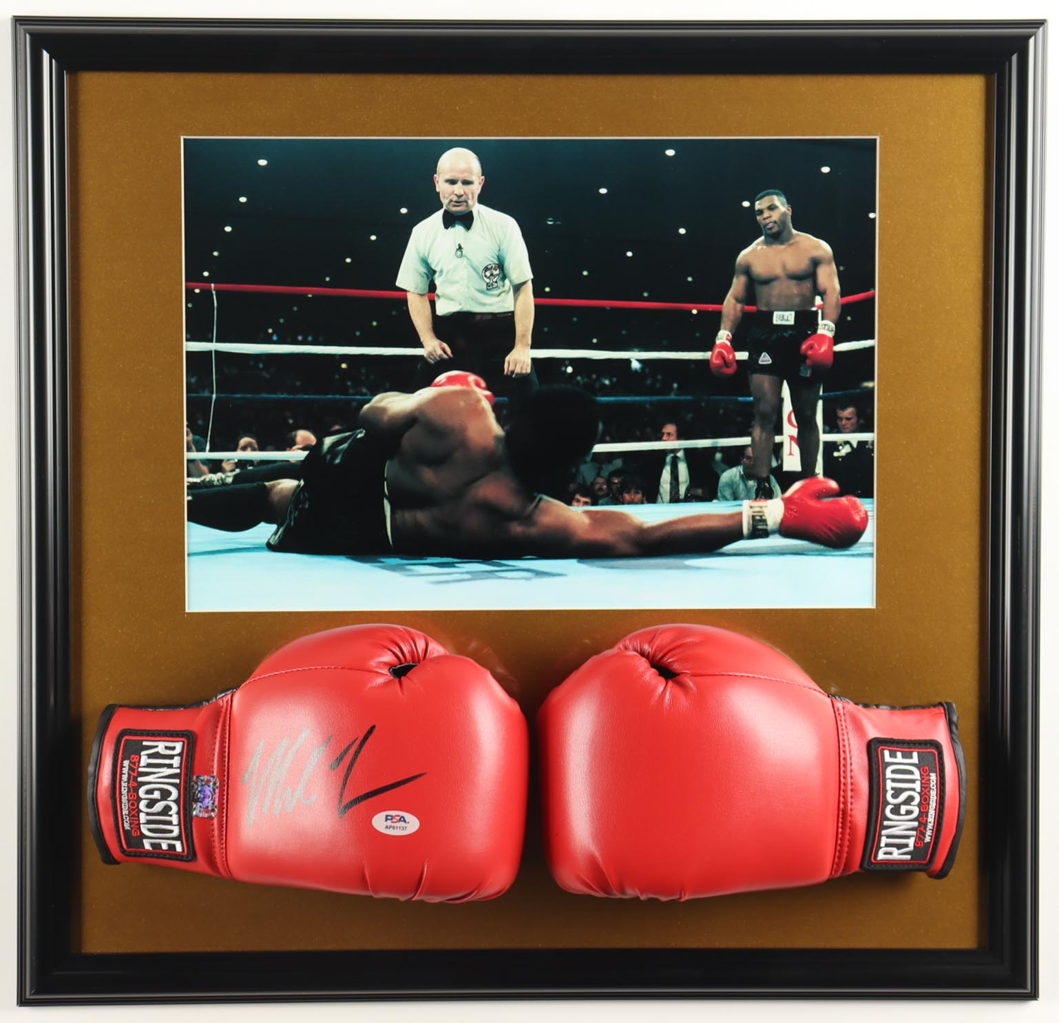 Mike Tyson Signed Custom Framed Ringside Boxing Glove Display with Photo (Tyson & PSA) at PristineAuction.com Mike Tyson Signed Custom Framed Ringside Boxing Glove Display with Photo (Tyson & PSA) at PristineAuction.com
