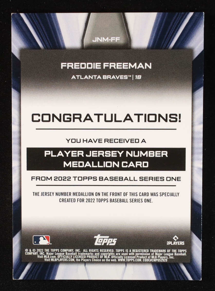 Freddie Freeman 2022 Topps Commemorative Player Jersey Number Medallions #JNMFF at PristineAuction.com Freddie Freeman 2022 Topps Commemorative Player Jersey Number Medallions #JNMFF at PristineAuction.com