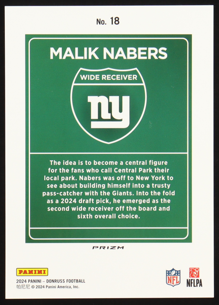Malik Nabers 2024 Donruss Downtown! Oversize #18 RC at PristineAuction.com Malik Nabers 2024 Donruss Downtown! Oversize #18 RC at PristineAuction.com
