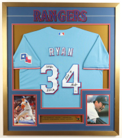 Nolan Ryan Signed Custom Framed Jersey Display with Retirement Pin & Rangers Logo Patch Inscribed "324 WINS, 5714 KS, NAD, HOF 99" (PSA) at PristineAuction.com