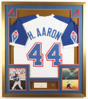 Hank Aaron Signed Custom Framed Cut Display with Jersey & Vintage 715 Record HR Pin (PSA) at PristineAuction.com