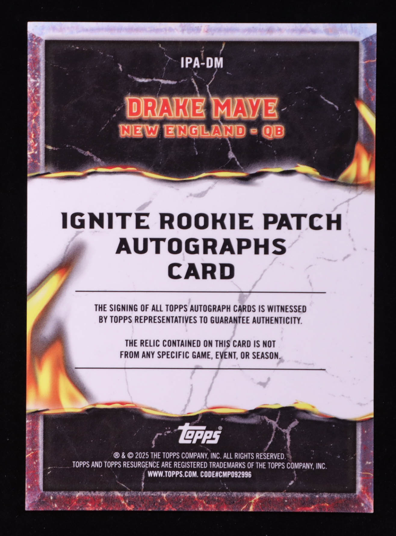 Drake Maye 2024 Topps Resurgence Ignite Rookie Patch Autographs White Surge #IPADM RC #51/125 at PristineAuction.com Drake Maye 2024 Topps Resurgence Ignite Rookie Patch Autographs White Surge #IPADM RC #51/125 at PristineAuction.com