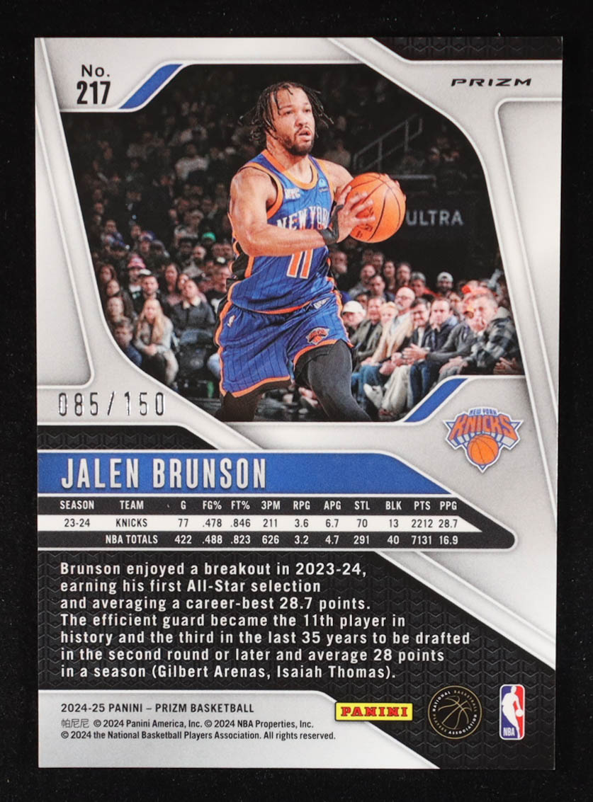 Jalen Brunson 2024-25 Panini Prizm Prizms Fast Break Blue #217 #085/150 at PristineAuction.com Jalen Brunson 2024-25 Panini Prizm Prizms Fast Break Blue #217 #085/150 at PristineAuction.com