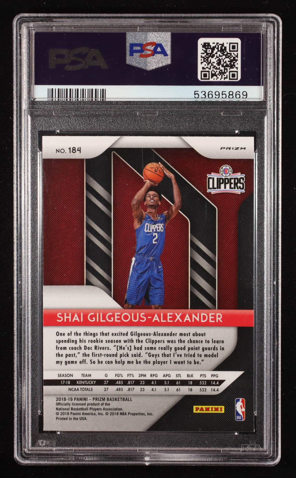 Shai Gilgeous-Alexander 2018-19 Panini Prizm Prizms Red White and Blue #184 RC (PSA 9) at PristineAuction.com Shai Gilgeous-Alexander 2018-19 Panini Prizm Prizms Red White and Blue #184 RC (PSA 9) at PristineAuction.com