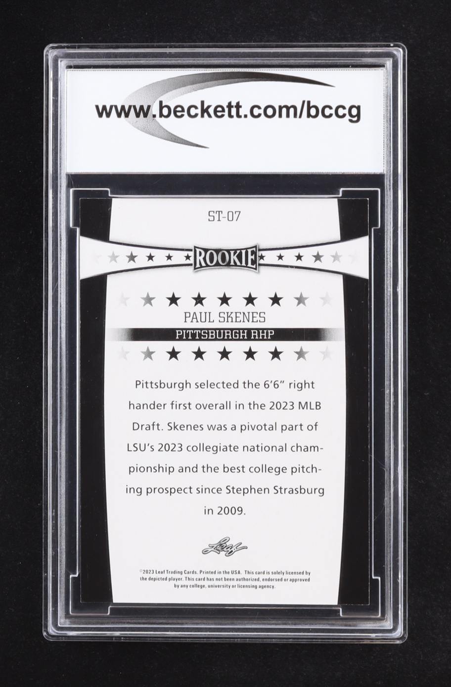 Paul Skenes 2023 Leaf Special Release Rookie Stars #ST07 RC (BCCG 10) at PristineAuction.com Paul Skenes 2023 Leaf Special Release Rookie Stars #ST07 RC (BCCG 10) at PristineAuction.com