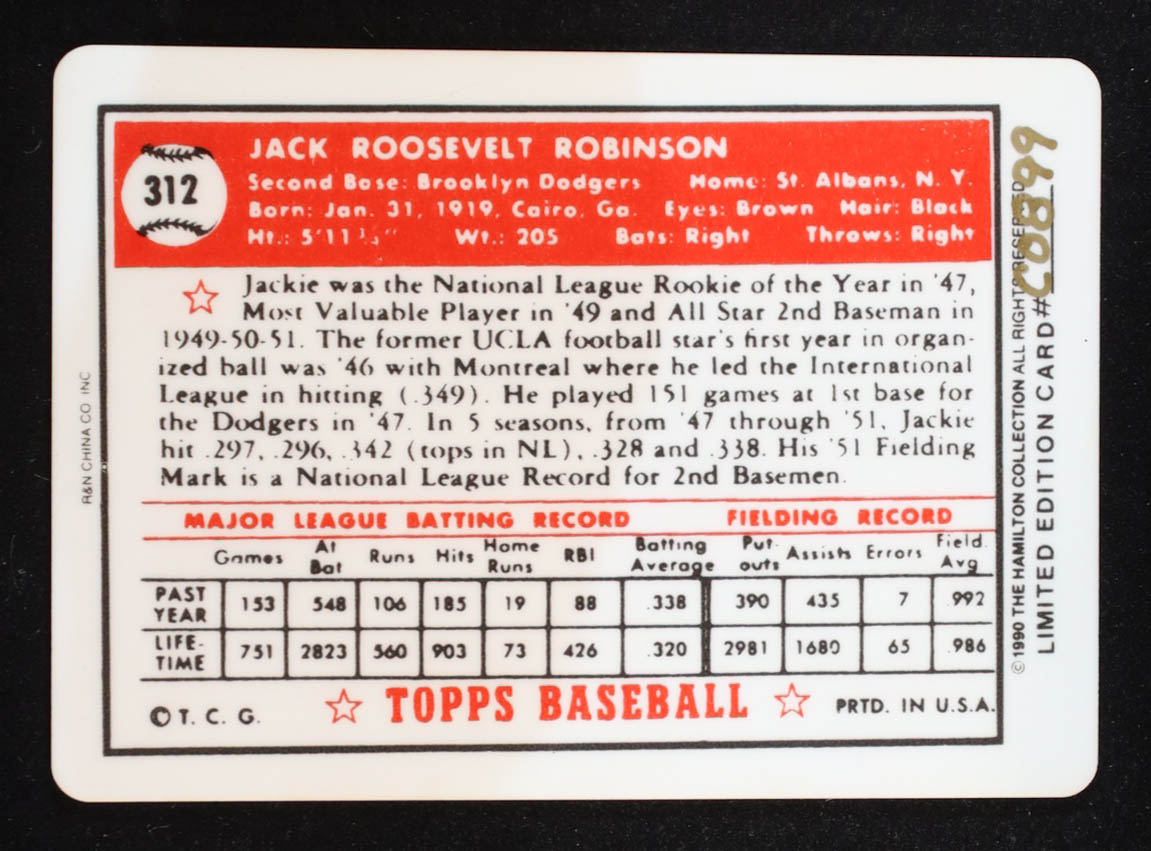 Jackie Robinson 1990 LE The Hamilton Collection Ceramic Card '52 #312 at PristineAuction.com Jackie Robinson 1990 LE The Hamilton Collection Ceramic Card '52 #312 at PristineAuction.com