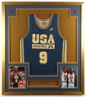Michael Jordan Authentic Nike 1992 USA Custom Framed Jersey Display with (2) USA Gold Pins & Full Olympic Statistics Plaque at PristineAuction.com