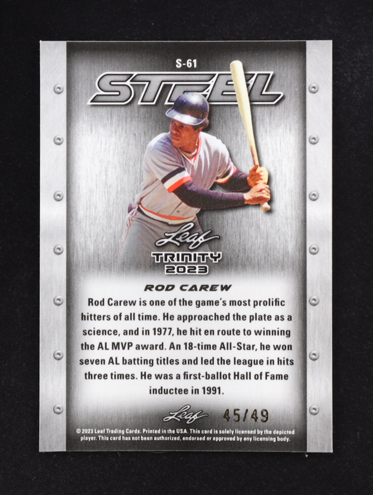 Rod Carew 2023 Leaf Trinity Mega Box Steel Stars and Dots Purple #S61 #45/49 at PristineAuction.com Rod Carew 2023 Leaf Trinity Mega Box Steel Stars and Dots Purple #S61 #45/49 at PristineAuction.com