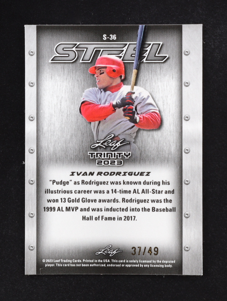 Ivan Rodriguez 2023 Leaf Trinity Mega Box Steel Stars and Dots Purple #S36 #37/49 at PristineAuction.com Ivan Rodriguez 2023 Leaf Trinity Mega Box Steel Stars and Dots Purple #S36 #37/49 at PristineAuction.com