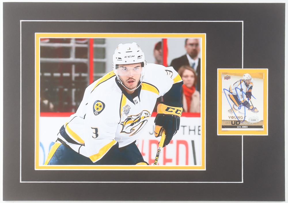 Seth Jones Signed Predators 12x17 Custom Matted 2013-14 Upper Deck UD Canvas Young Guns #C108 RC Trading Card Display (JSA) at PristineAuction.com Seth Jones Signed Predators 12x17 Custom Matted 2013-14 Upper Deck UD Canvas Young Guns #C108 RC Trading Card Display (JSA) at PristineAuction.com