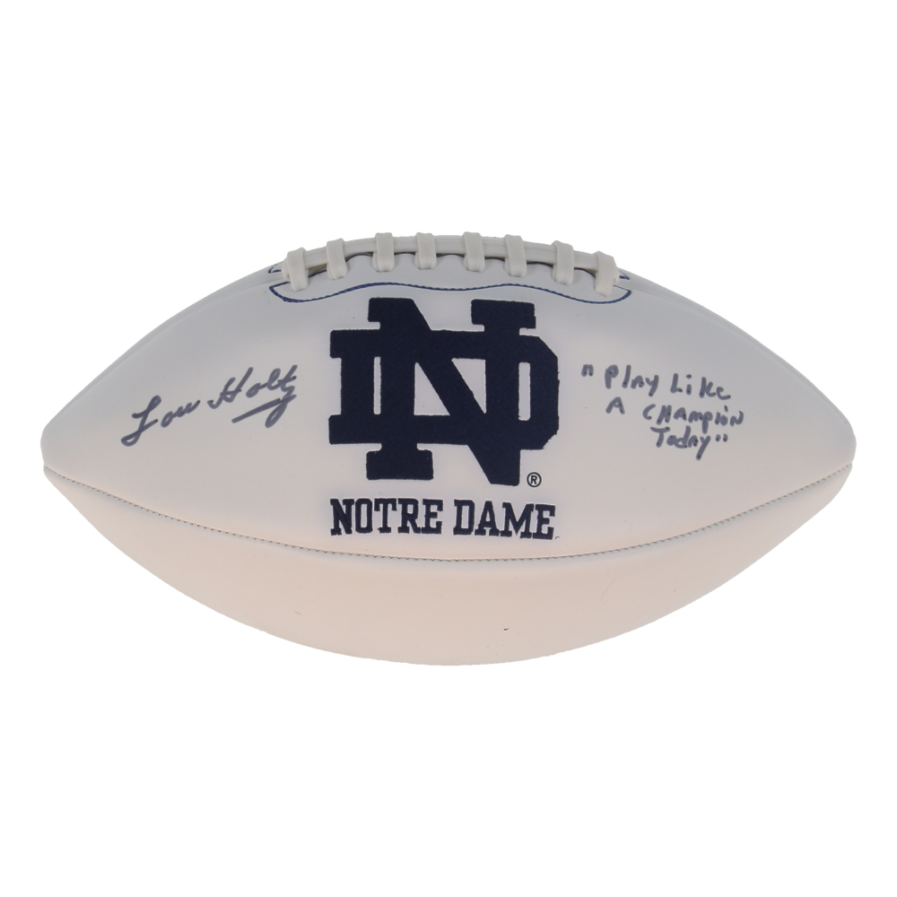 Lou Holtz Signed Notre Dame Fighting Irish Logo Football Inscribed "Play Like A Champion Today" (Steiner) at PristineAuction.com