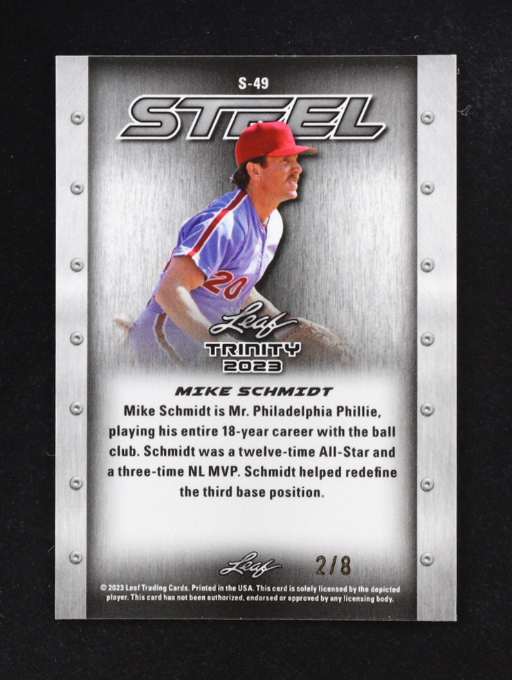 Mike Schmidt 2023 Leaf Trinity Mega Box Steel Carbon Shimmer Purple #S49 #2/8 at PristineAuction.com Mike Schmidt 2023 Leaf Trinity Mega Box Steel Carbon Shimmer Purple #S49 #2/8 at PristineAuction.com