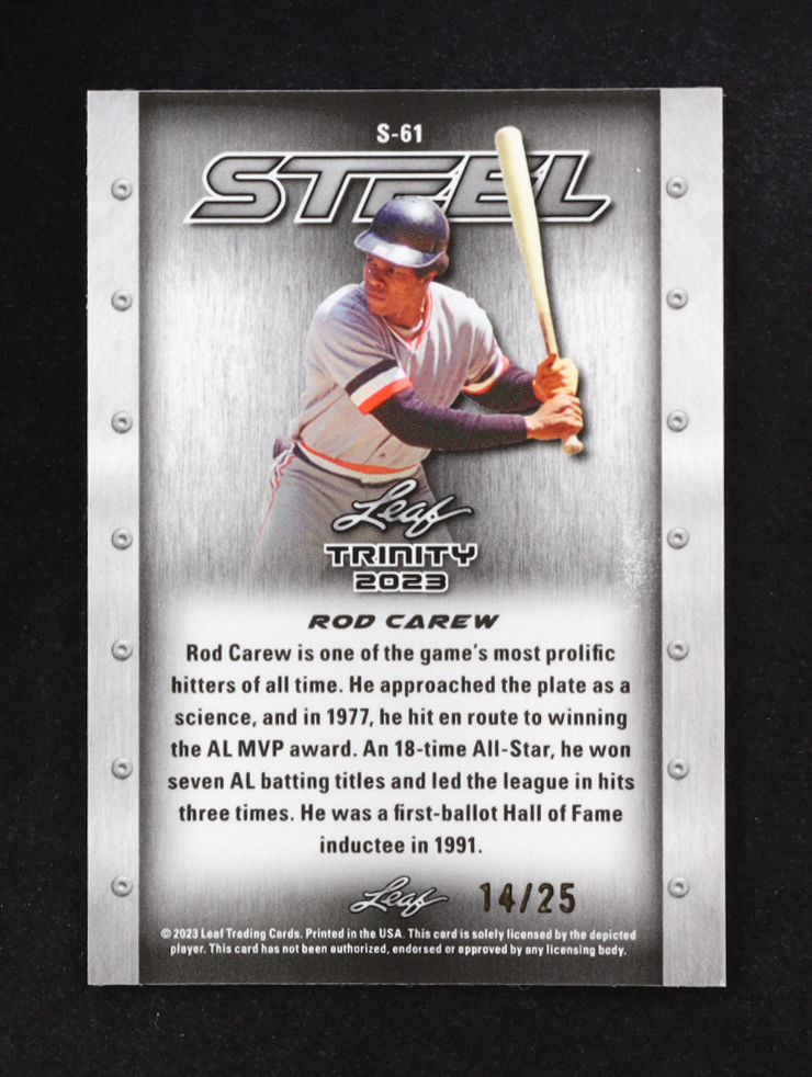 Rod Carew 2023 Leaf Trinity Mega Box Steel Lazer Pink #S61 #14/25 at PristineAuction.com Rod Carew 2023 Leaf Trinity Mega Box Steel Lazer Pink #S61 #14/25 at PristineAuction.com