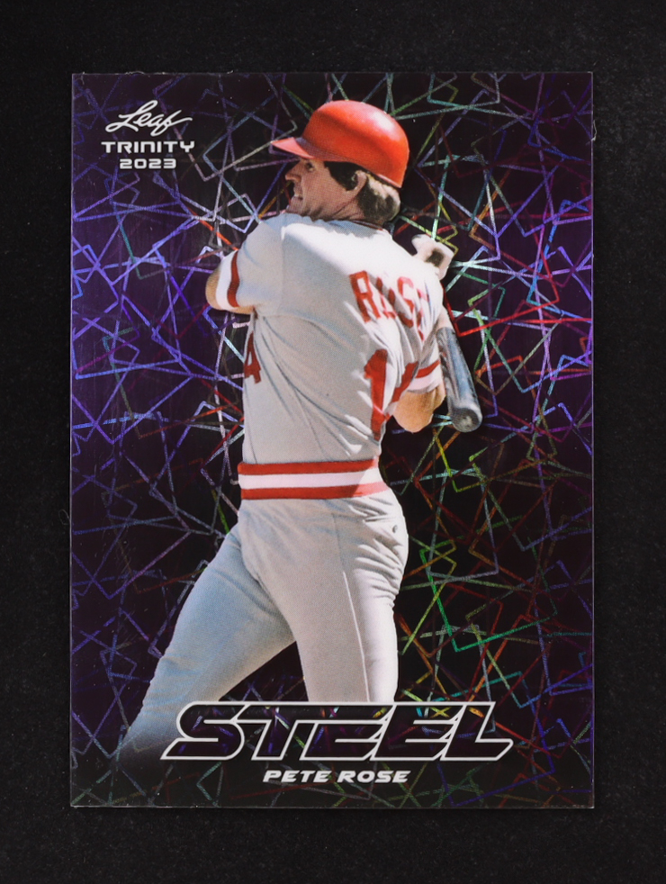 Pete Rose 2023 Leaf Trinity Mega Box Steel Lazer Purple #S55 #31/49 at PristineAuction.com Pete Rose 2023 Leaf Trinity Mega Box Steel Lazer Purple #S55 #31/49 at PristineAuction.com