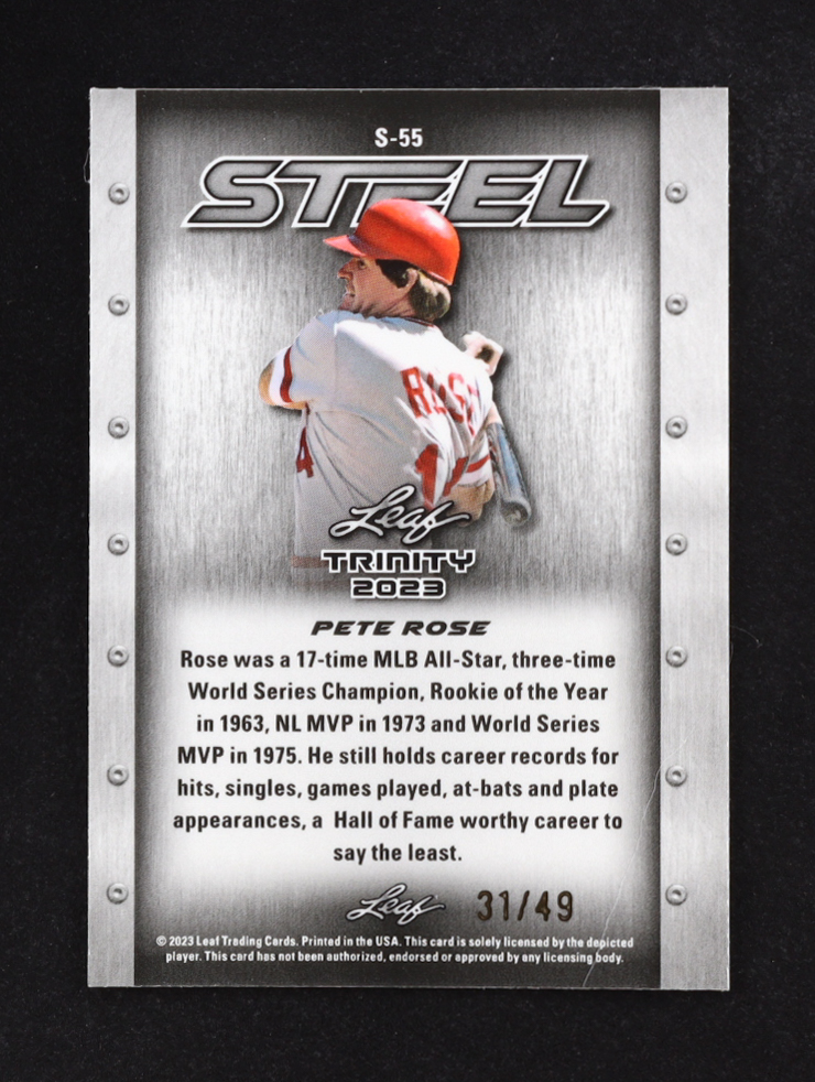 Pete Rose 2023 Leaf Trinity Mega Box Steel Lazer Purple #S55 #31/49 at PristineAuction.com Pete Rose 2023 Leaf Trinity Mega Box Steel Lazer Purple #S55 #31/49 at PristineAuction.com