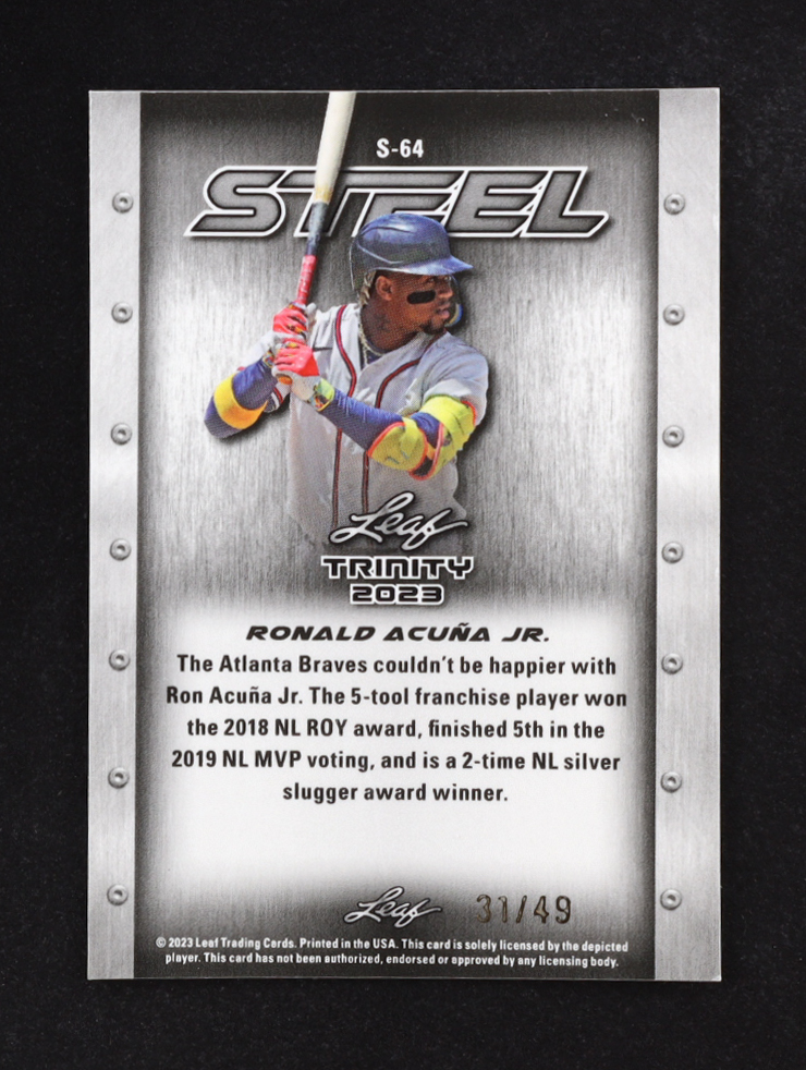 Ronald Acuna Jr. 2023 Leaf Trinity Mega Box Steel Stars and Dots Purple #S64 #31/49 at PristineAuction.com Ronald Acuna Jr. 2023 Leaf Trinity Mega Box Steel Stars and Dots Purple #S64 #31/49 at PristineAuction.com