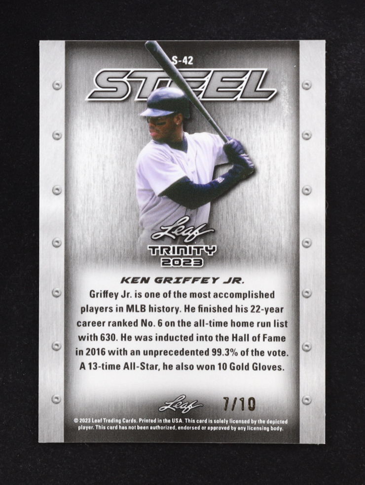 Ken Griffey Jr. 2023 Leaf Trinity Mega Box Steel Carbon Shimmer #S42 #7/10 at PristineAuction.com Ken Griffey Jr. 2023 Leaf Trinity Mega Box Steel Carbon Shimmer #S42 #7/10 at PristineAuction.com