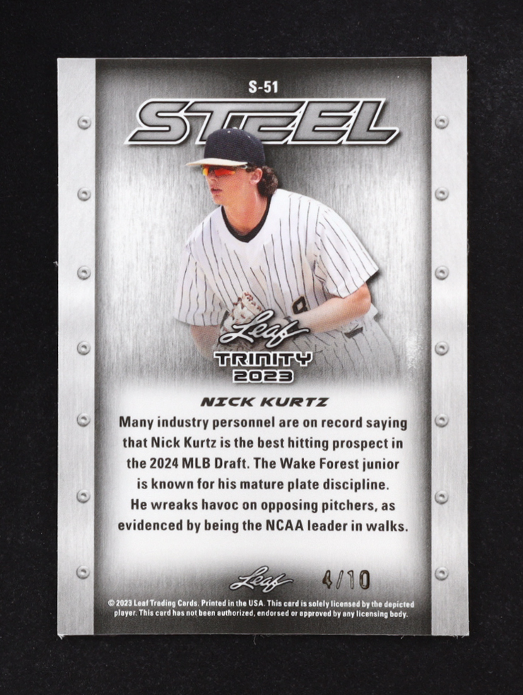 Nick Kurtz 2023 Leaf Trinity Mega Box Steel Vanadium Checkerboard #S51 #4/10 RC at PristineAuction.com Nick Kurtz 2023 Leaf Trinity Mega Box Steel Vanadium Checkerboard #S51 #4/10 RC at PristineAuction.com