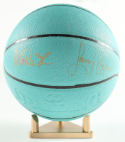 Larry Bird & Magic Johnson Signed Tiffany & Co. x Spalding Basketball with All Wood Stand (Beckett & PSA) at PristineAuction.com
