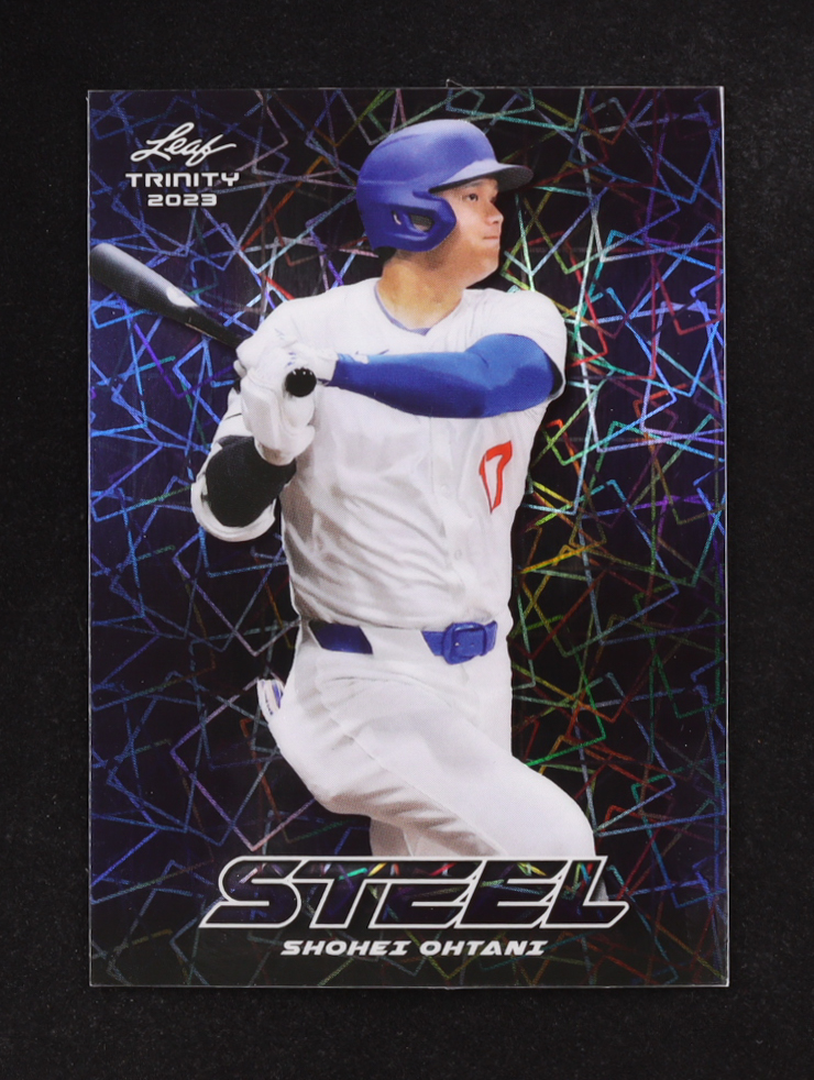 Shohei Ohtani 2023 Leaf Trinity Mega Box Steel Lazer Blue #S70 #55/99 at PristineAuction.com Shohei Ohtani 2023 Leaf Trinity Mega Box Steel Lazer Blue #S70 #55/99 at PristineAuction.com