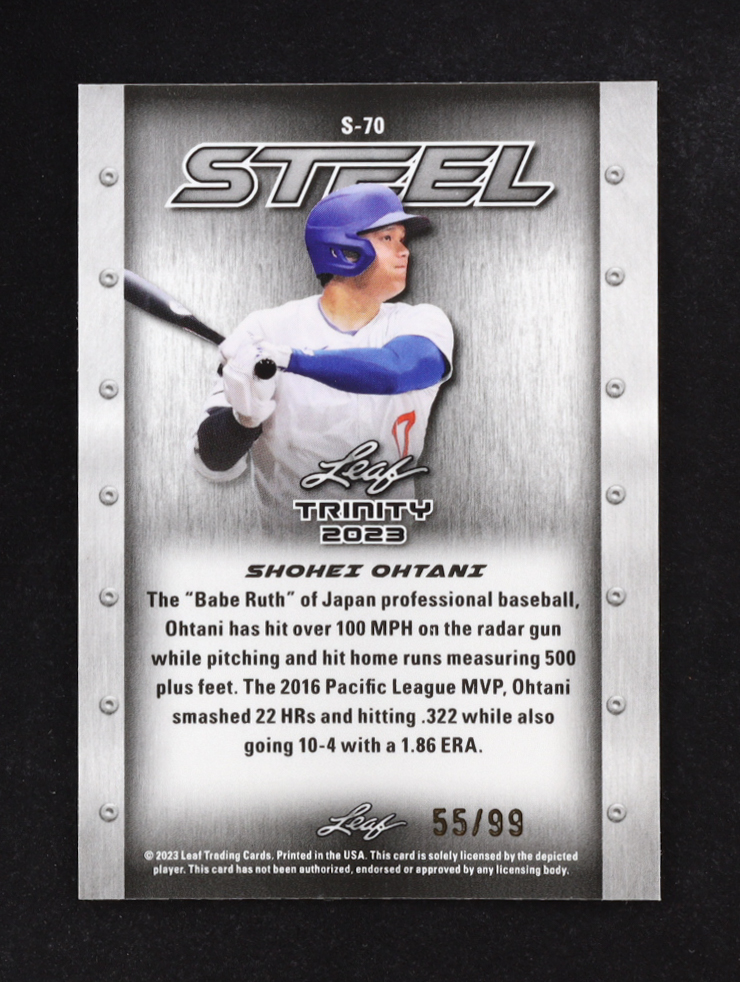 Shohei Ohtani 2023 Leaf Trinity Mega Box Steel Lazer Blue #S70 #55/99 at PristineAuction.com Shohei Ohtani 2023 Leaf Trinity Mega Box Steel Lazer Blue #S70 #55/99 at PristineAuction.com