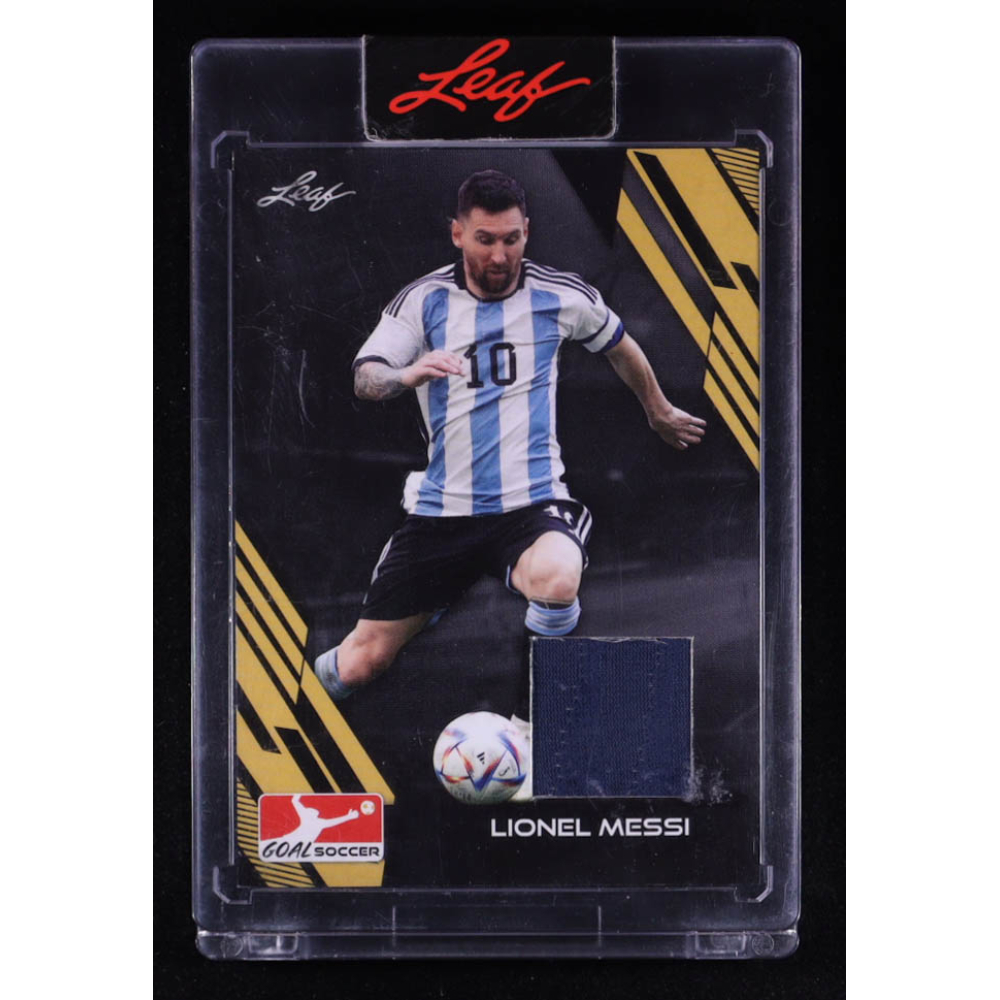Lionel Messi 2023 Leaf Goal Soccer Game-Used Memorabilia #J10 at PristineAuction.com