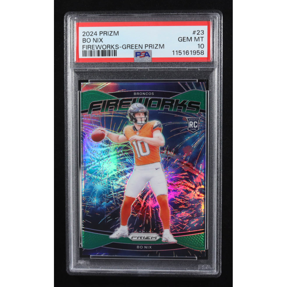 Bo Nix 2024 Panini Prizm Fireworks Prizms Green #23 RC (PSA 10) at PristineAuction.com